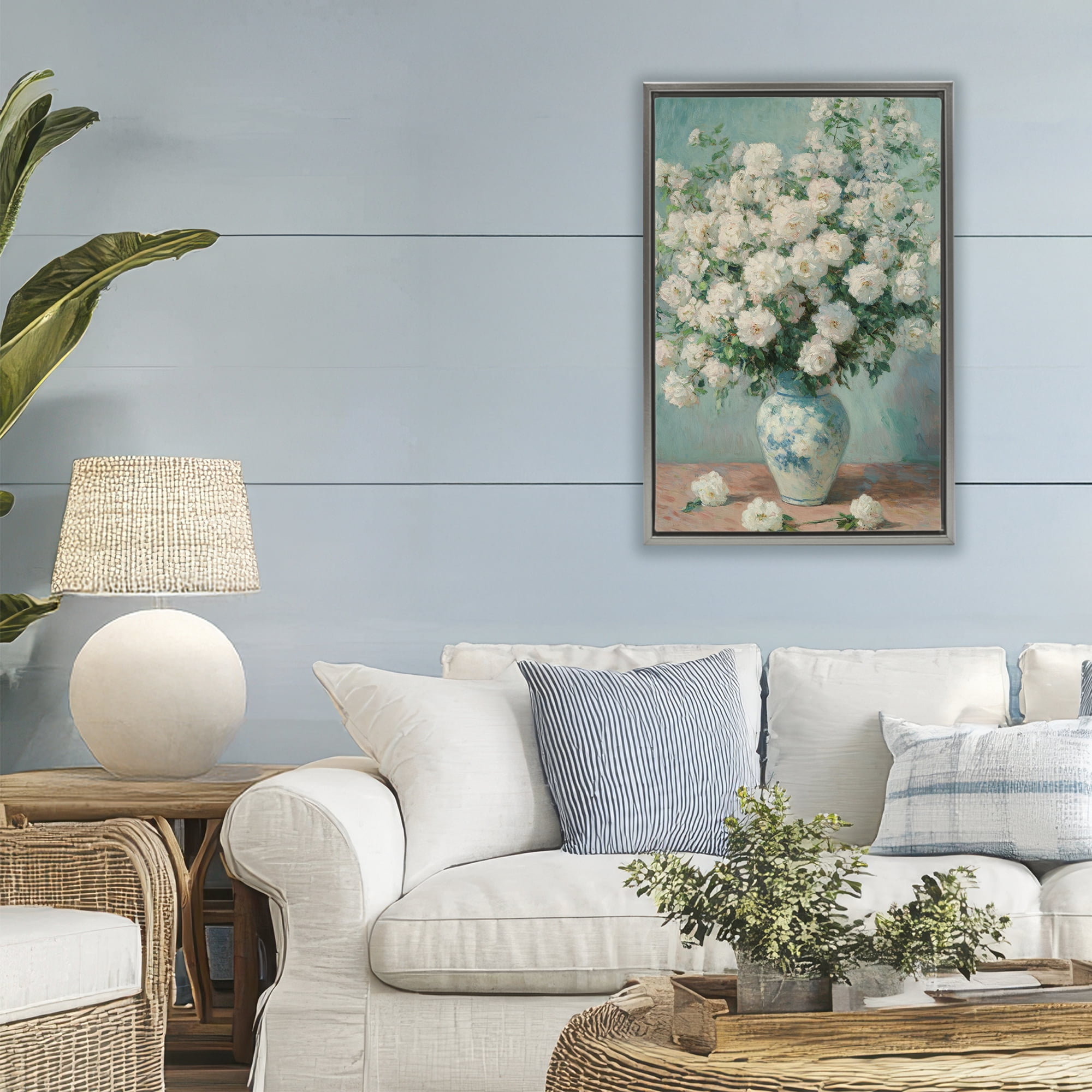 Stupell Industries Lush Bouquet of White Roses Gray Framed Floater Canvas Wall Art, design by Petal Prints Design