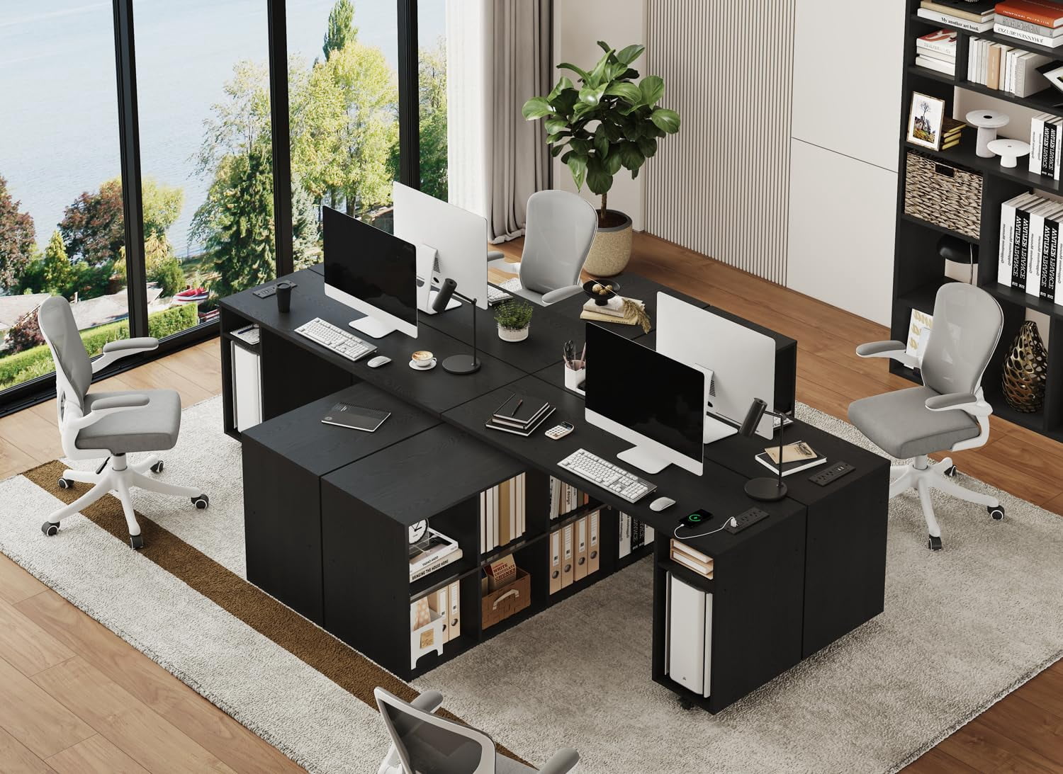 BOSHIRO L-Shaped Rotating Desk with Power Outlets, USB Ports & 6 Storage Shelves, 360° Swivel Computer Desk with Bookshelf for Home Office, Bedroom or Study (Black)