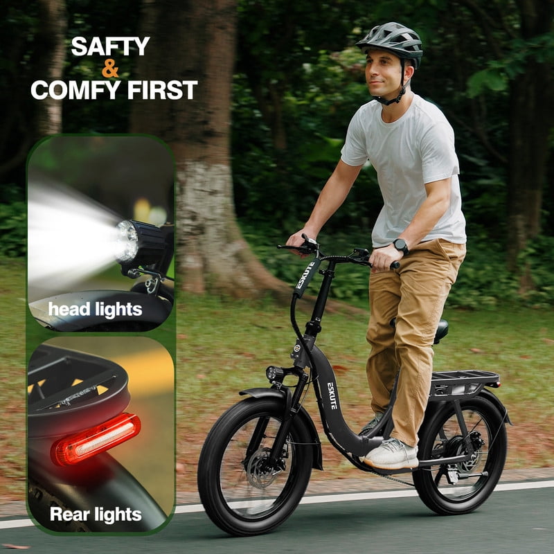 ESKUTE D200 Electric Bike for Adults Teens Students, 750W Peak Motor 28 Mph, 48V 10.4Ah Battery Up to 55 Miles, with 7‑Speed Step‑Through Cargo Fold E Bicycle, NFC Unlock, Gray, UL2849