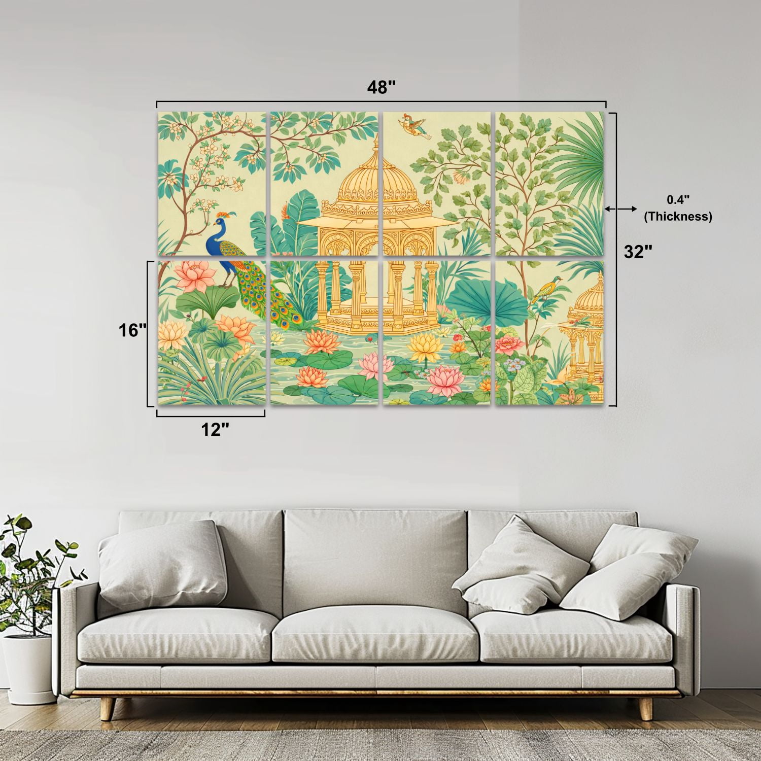 8 Pack Art Acoustic Panels Sound Absorbing Traditional Mughal garden peacock arch temple lotus bird Decorative Soundproof Wall Panels Self Adhesive for Nursery Game Room Bedroom 48"x32"