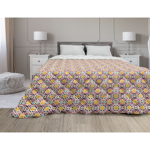 Moroccan Down Alternative Comforter, Floral Inspired Oriental Damask Illustration, Microfiber Quilt for All Season, 5 Sizes, Eggshell Night Blue, by Ambesonne