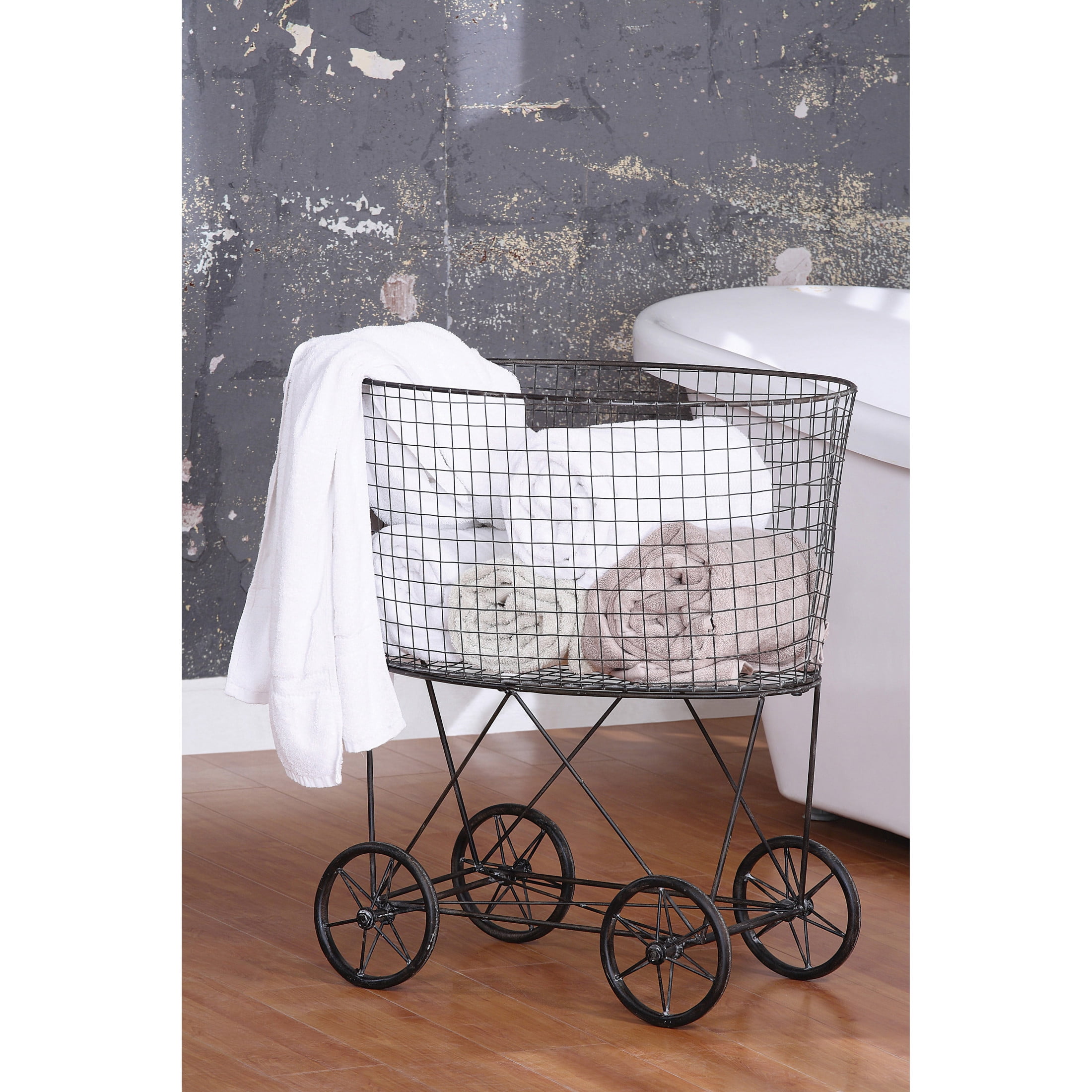 Woven Paths Vintage Iron Laundry Basket with Wheels, 24.75" x 27", Black