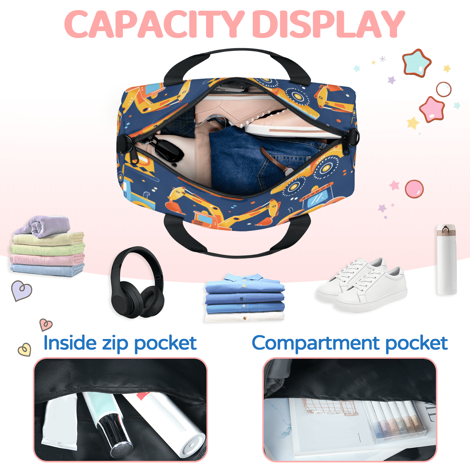 Herdesigns Construction Truck Gym Bag for Women, Duffle Bag for Travel Sport, Tractor Vehicle Lightweight Waterproof Carry on Weekender Dance Yoga Workout Bags