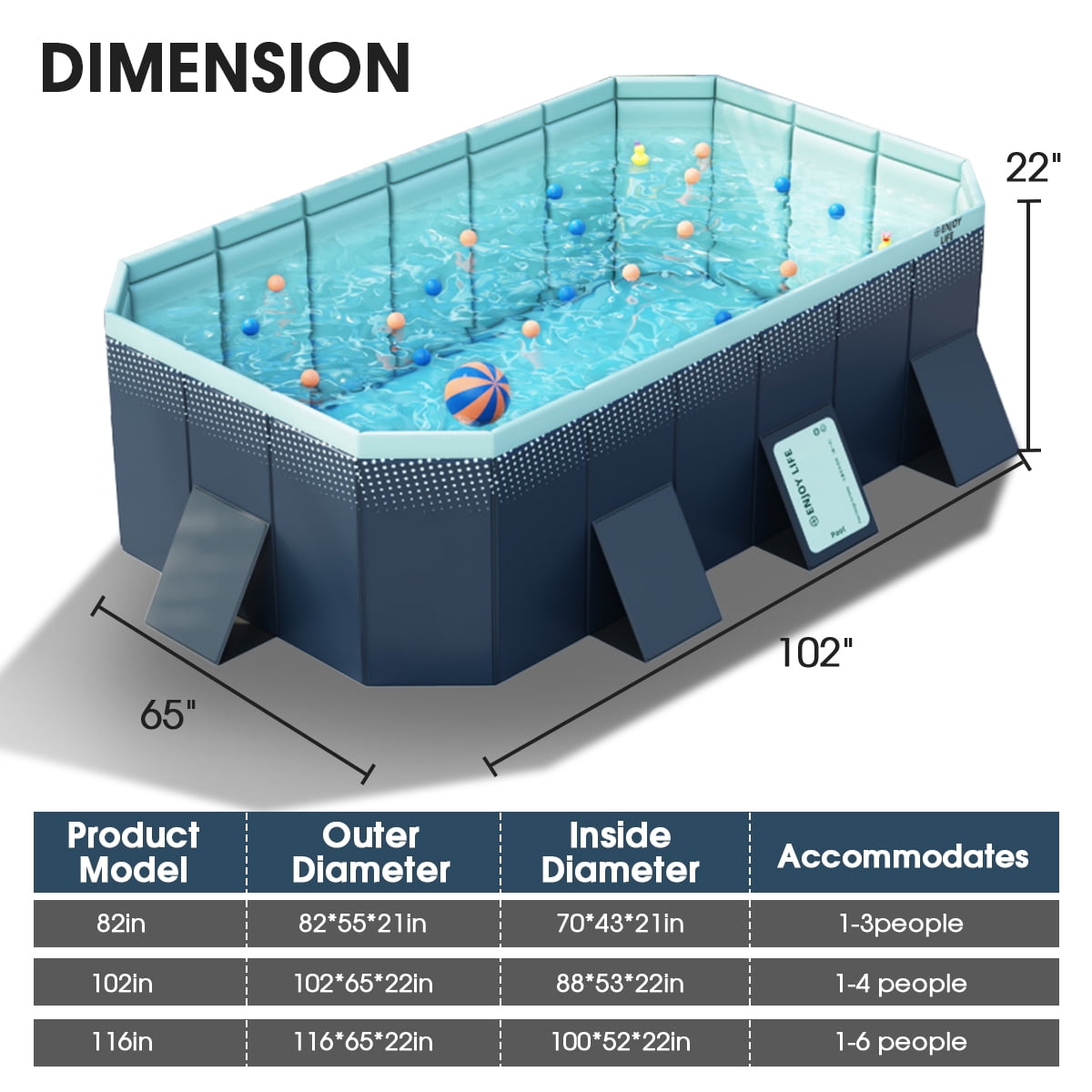Jonster Foldable Non-Inflatable Swimming Pool, Rectangular, Dark Blue, 102in, 590 Gallons