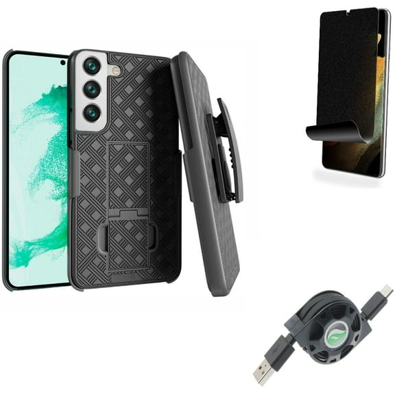 USB Cable & Privacy Screen Protector & Case Belt Clip for Samsung Galaxy S22 Plus (S22 ) - Combo Retractable Type-C Charger & TPU Film (Fingerprint Works) Anti-Peep & Holster Swivel Cover