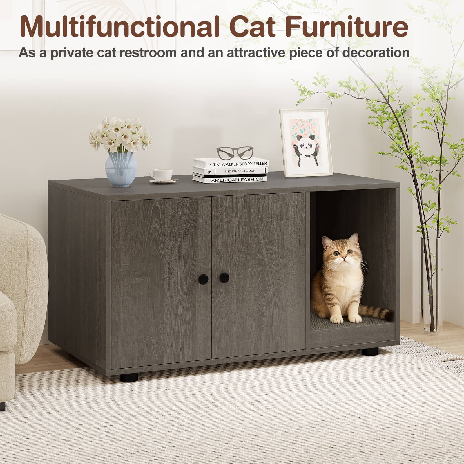 Costway Wooden Cat Litter Box Enclosure, Hidden Litter Box Furniture with Scratching Board Oak