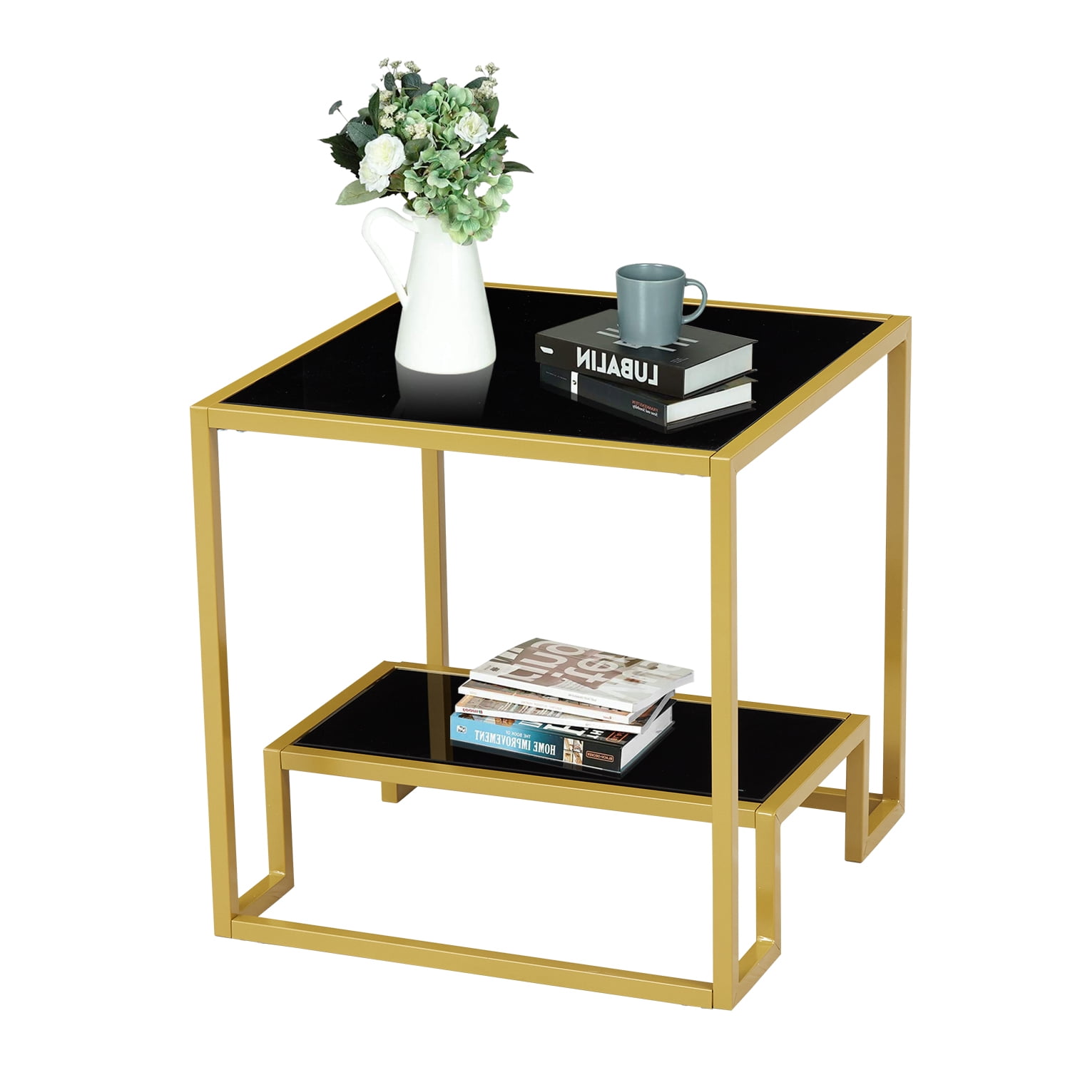 Kinbor Modern Glass End Table, Sofa Side Table with Open Storage Shelf