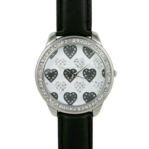 Women's Rhinestone Heart Watch - Fine Faux BlackLeather Band -WT-L80135BK