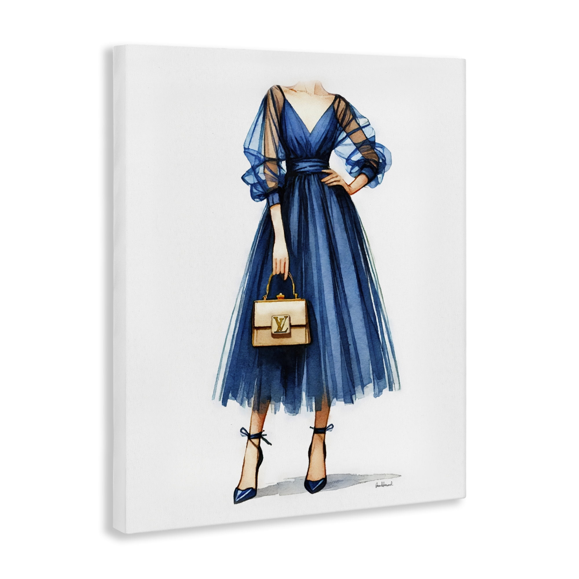 Stupell Industries Blue Gown Fashion Girl Fashion Painting Wrapped Canvas Art Print Wall Art, 16 x 20