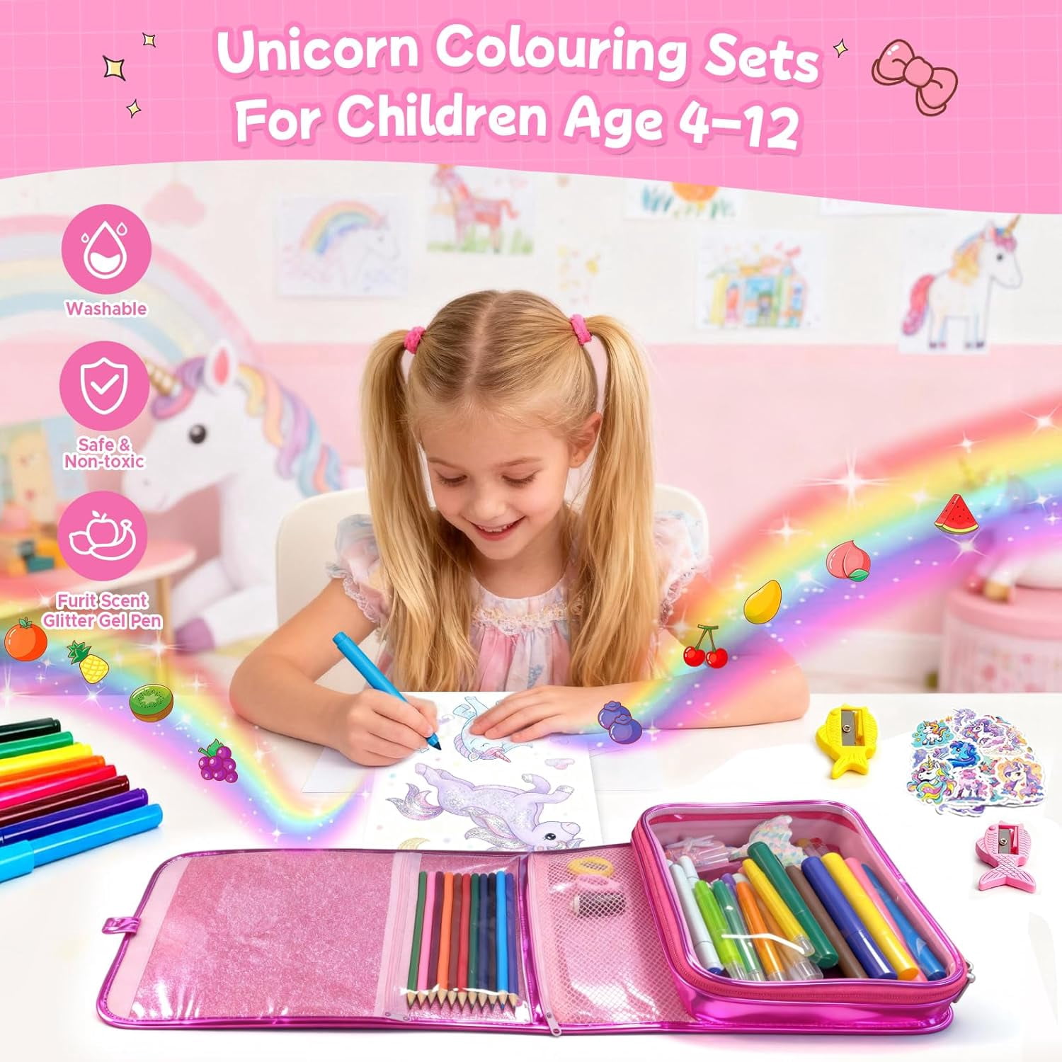 homicozy 106PCS Scented Washable Markers Set,Arts and Crafts Kit for Girls Ages 4-6-8-10,Travel Coloring Drawing Art Supplies with Unicorn Glitter Pencil Case,Ideal Birthday Gift for Kids