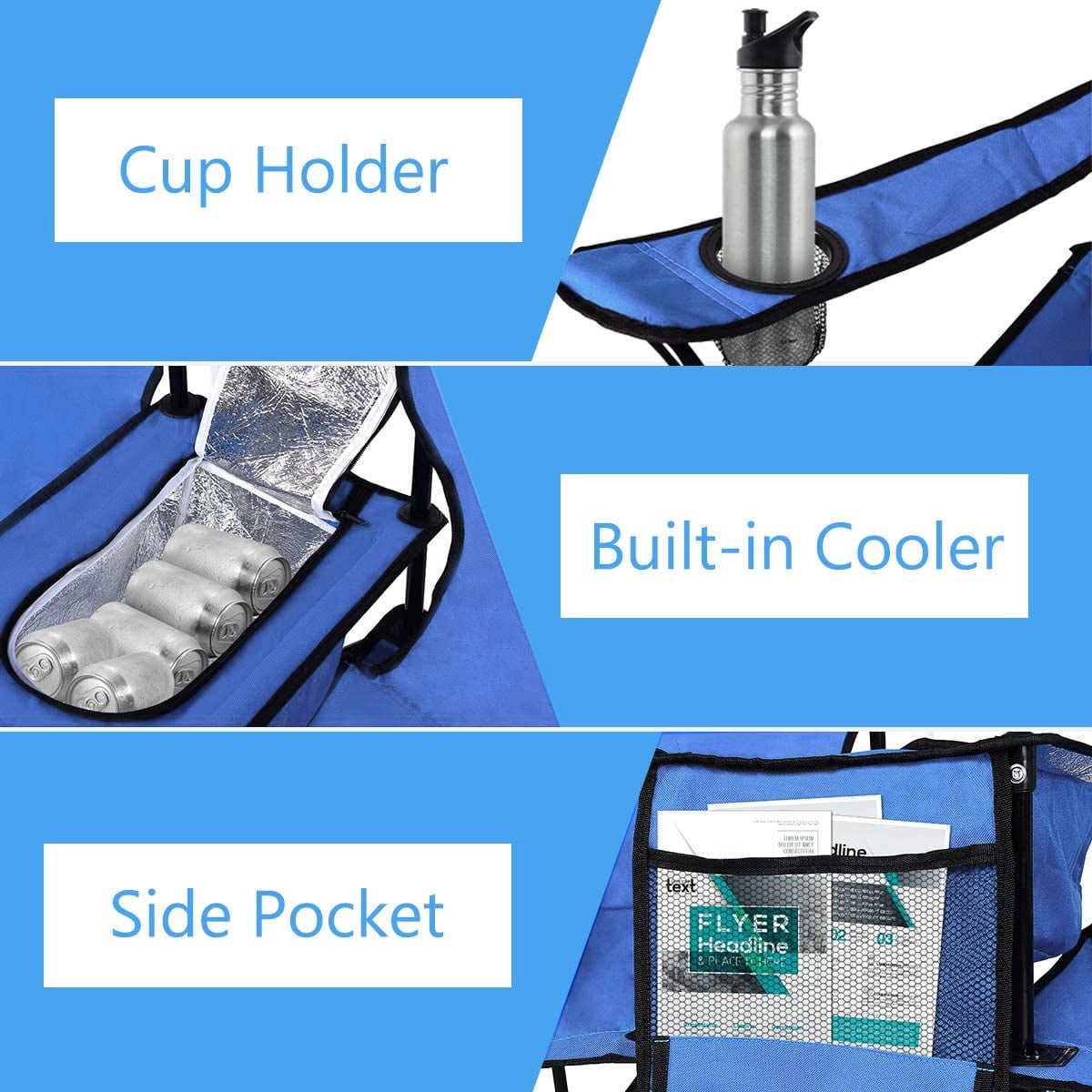 Outdoor Picnic Chairs, Folding Camping Chair with Cup Holder and Storage Pocket Carry Bag, Blue Outdoor Picnic Chairs, Folding Camping Chair with Cup Holder and Storage Pocket Carry Bag, Blue