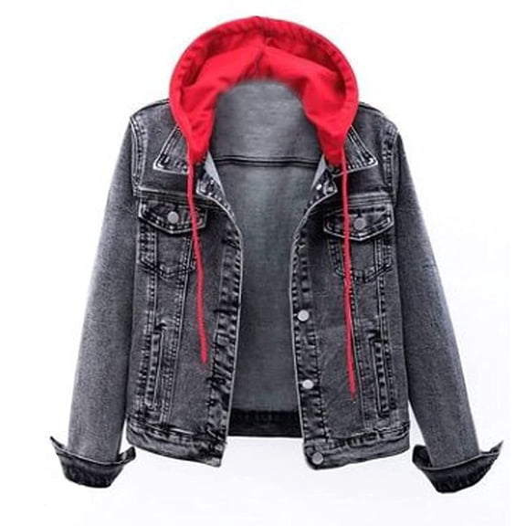 Vedolay Women's Denim Jackets Women's Fall Leopard Stitching Denim Jacket Long Sleeve Jean Coat,Red M