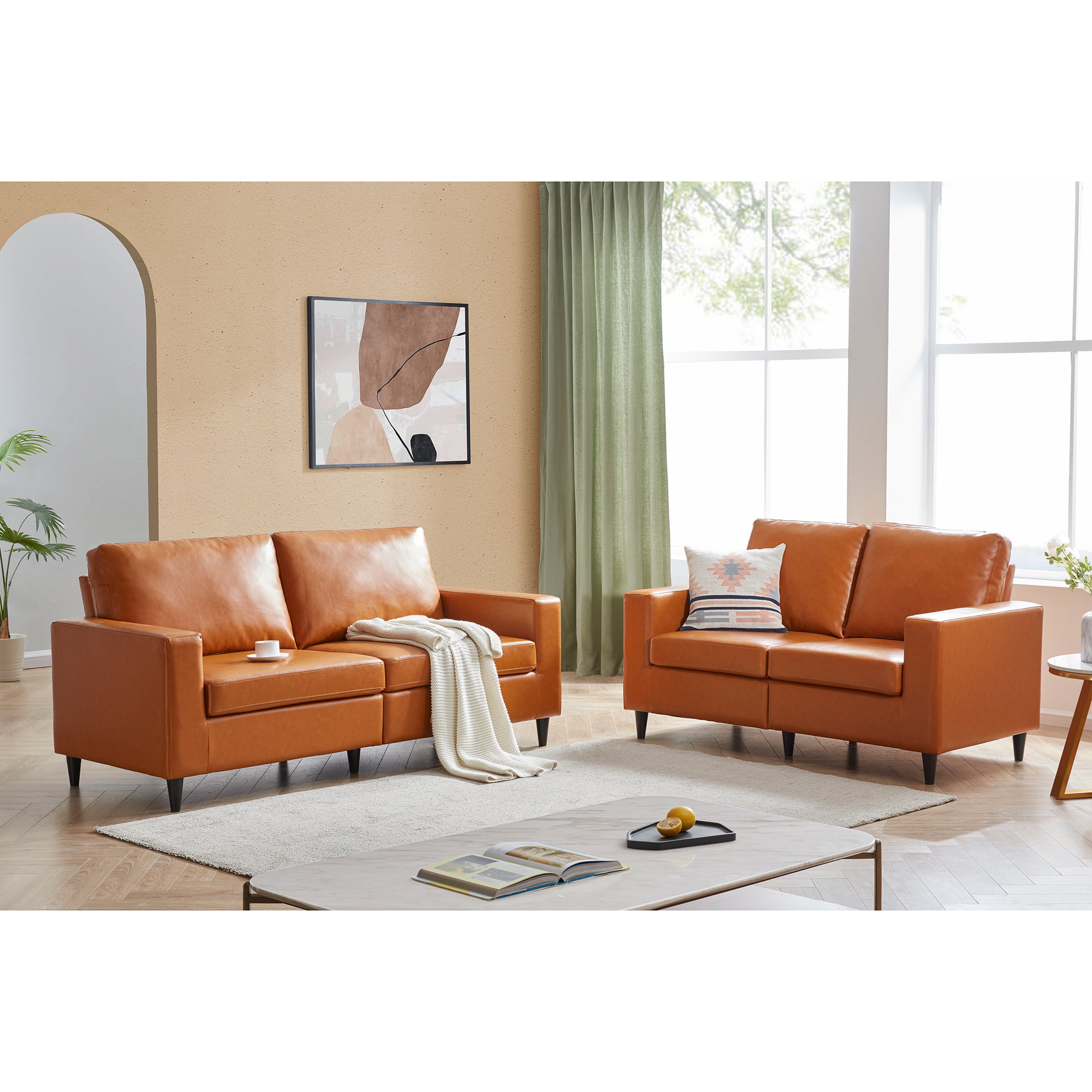 Veryke Modern PU Leather Upholstered Living Room Sofa Set 3 Seat Couch and Loveseat for Home Office - Brown