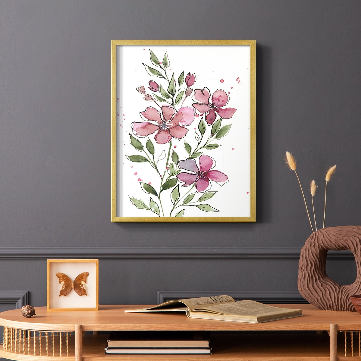 Watercolor Floral Stems I Framed Print in Gold Solid Wood 8 x 10 Framed Print