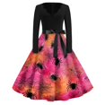 thumbnail image 2 of Halloween Dresses for Women Skeleton Castle Long Sleeve 1950s Hepburn Funny Dress V Neck Cocktail Cute Classic Dresses with Belt XL, 2 of 5