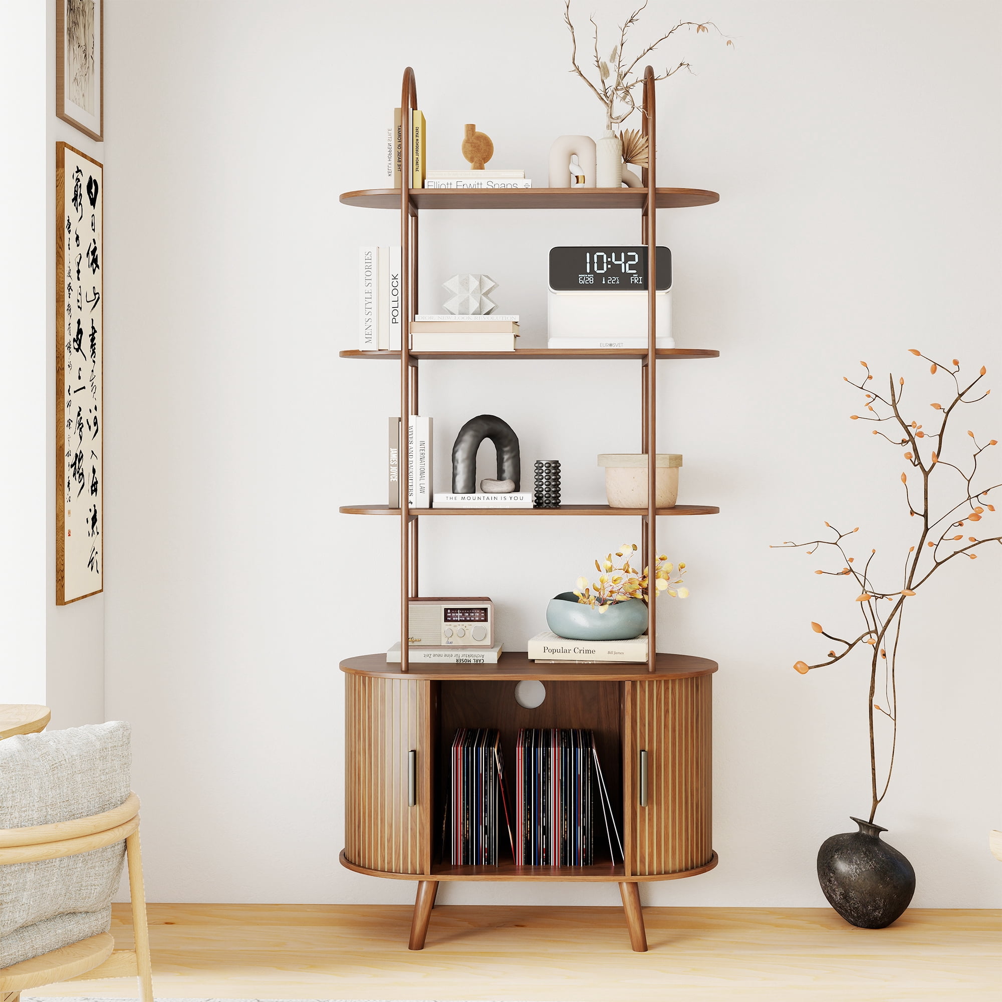 68.9" Tall Arched Bookshelf with with Sliding Tambour Doors, 4-Tier Open Display Storage Shelf, Vinyl Record Player Stand for Home Office, Living Room, Walnut
