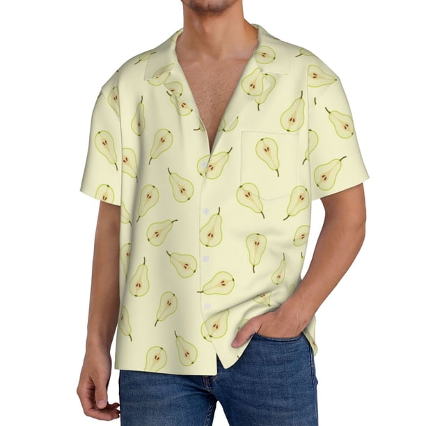 Fotbe Green Pears Camisa Estampada de Manga Corta para Hombre, Casual de Verano, Estilo Playero, Sin Arrugas-Large