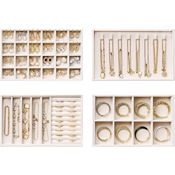 Drawer Jewelry Organizer Tray Set, 4 Pack Velvet Jewelry Trays for Drawers, Beige Jewelry Drawer Inserts for Earrings, Rings, Necklaces & Bracelets, Stackable Jewelry Storage Organizer for Dresser