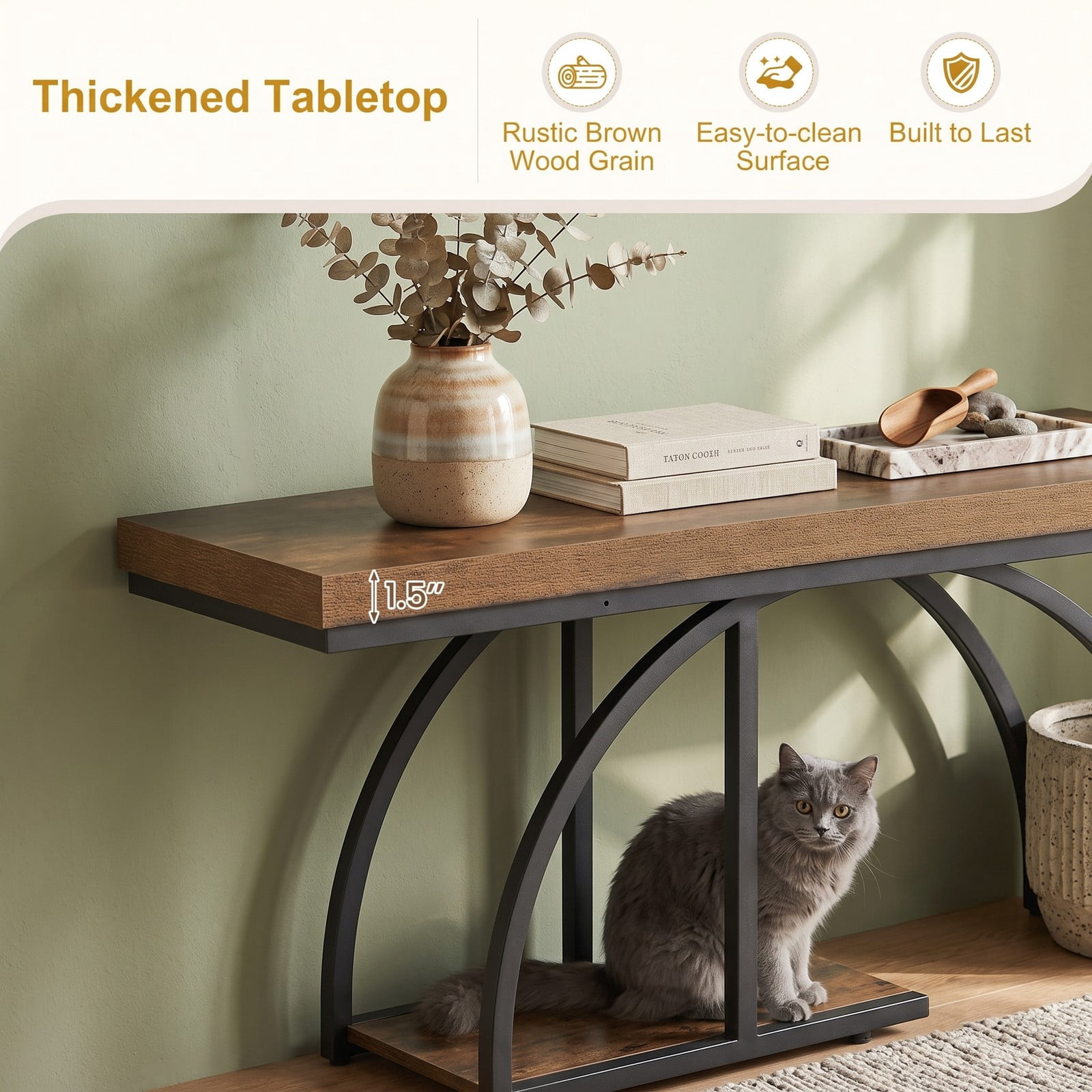 Furnibear 4-Tier Console Table 41 Inch Entryway Table with Open Storage Shelves and Round Metal Frame for Living Room, Brown
