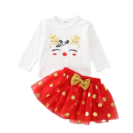 

Honeeladyy Winter Autumn Children s Girl s Clothing Set Long Sleeve Tops Christmas Gauze Princess Skirt Dot Puffy Skirt 2PCS Set White Sales Online