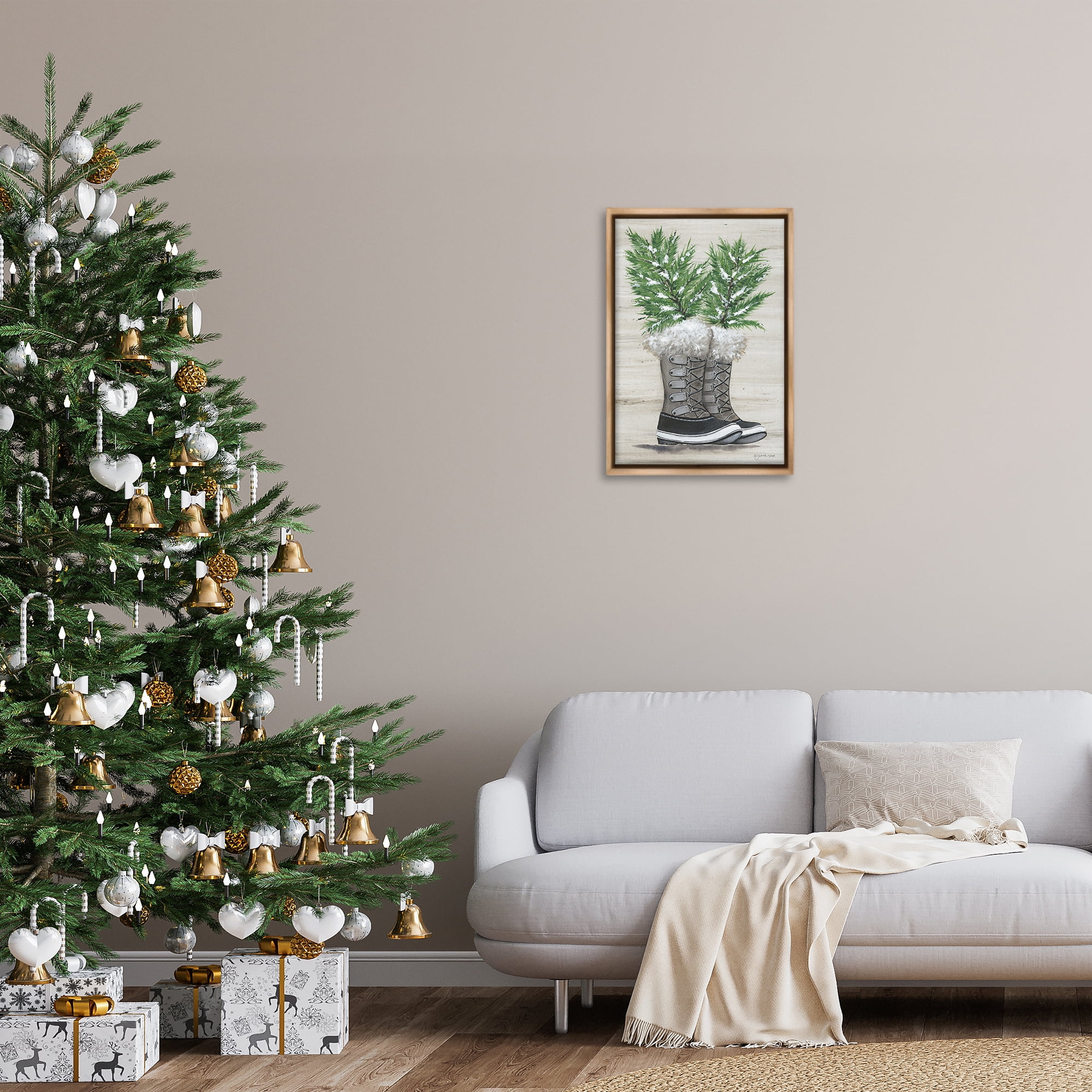 Stupell Industries Winter Sprigs in Boots Botanical & Floral Painting Brown Floater Framed Art Print Wall Art, 17 x 25