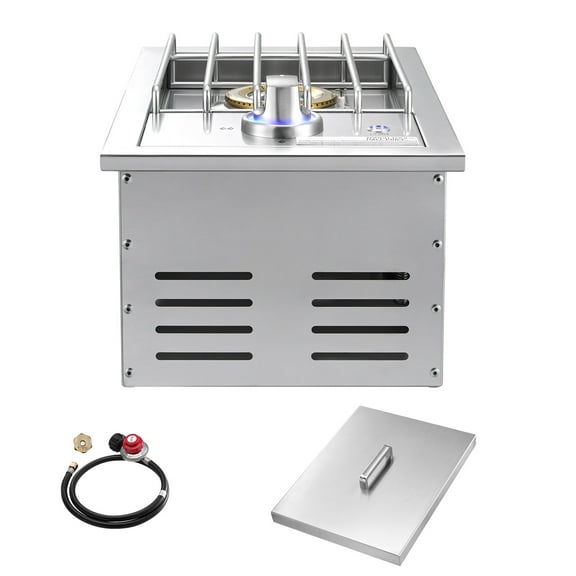 KFFKFF Single Grilling Side Burner, 17,000 BTU Liquid Propane Burner for Outdoor Cooking, Convertible to Natural Gas, 304 Stainless Steel Built-in Burner with LED for BBQ Grill Setup