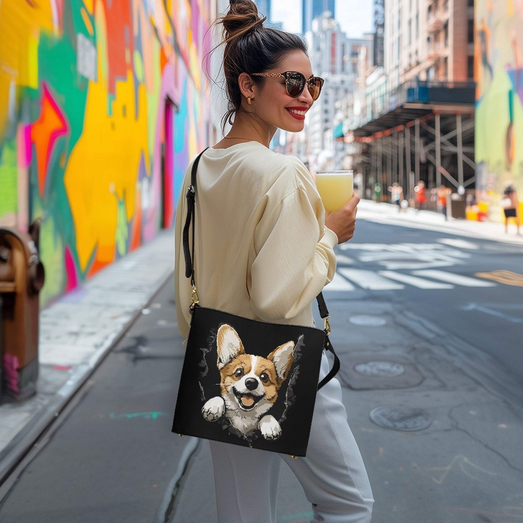 Kuiaobaty Corgi Hole Print Bucket Crossbody Bag for Women, Cute Lightweight Vegan Leather Shoulder Handbag Crossbody, Wear Resistant Bucket Tote Bag Handbag with Adjustable Strap for Travel