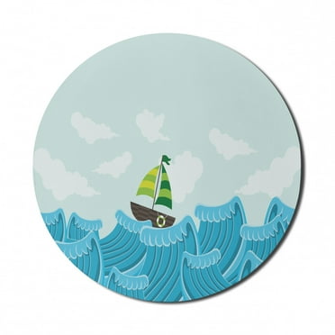 Ocean Mouse Pad for Computers, Sailing Boat on the Sea Life with Waves and the Cloudy Sky Illustration, Round Non-Slip Thick Rubber Modern Mousepad, 8" Round, Baby Blue and Sky Blue, by Ambesonne