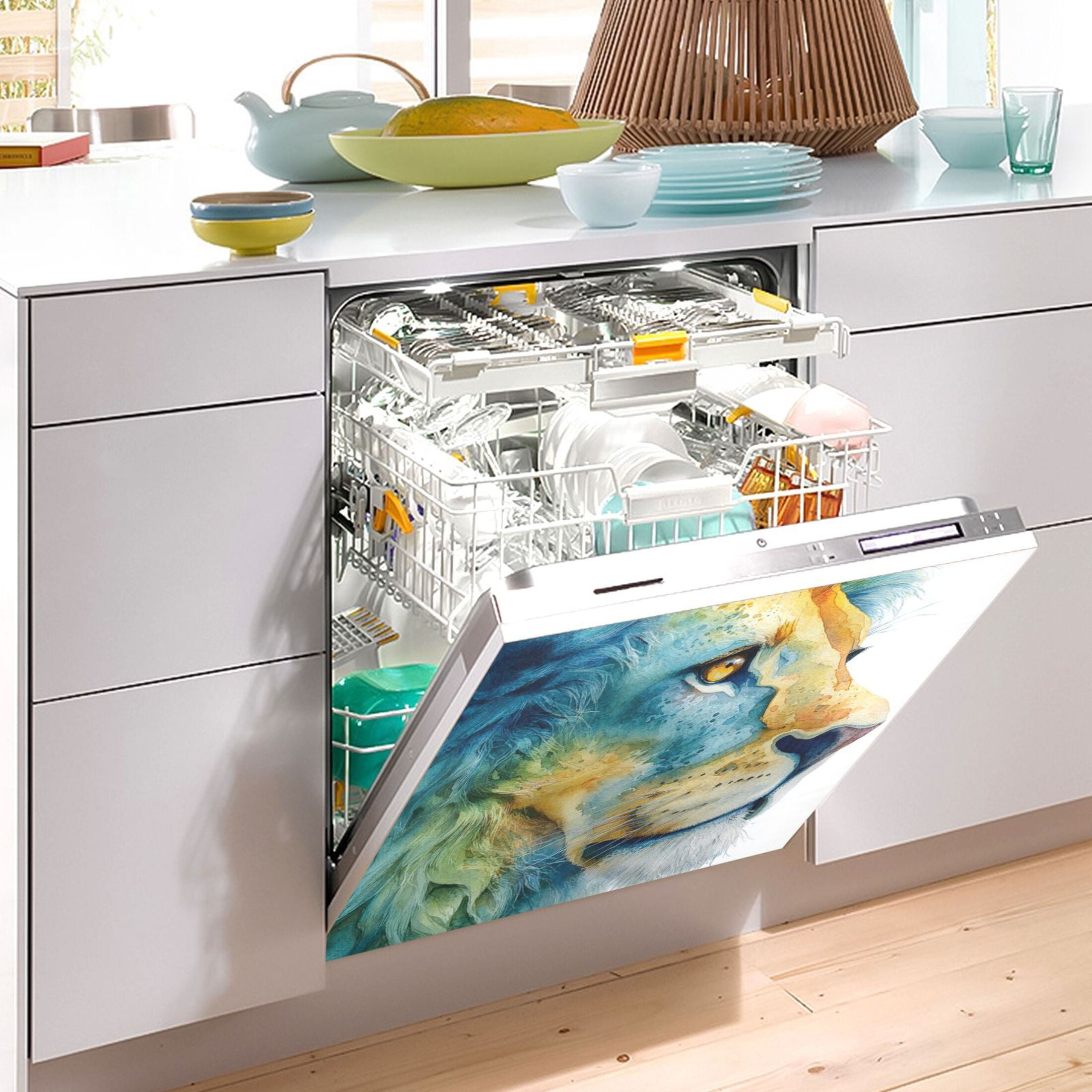 Dishwasher Magnetic Sticker 23x26 Inch Refrigerator Magnetic Sticker Washing Machine Magnetic Sticker Kitchen Panel Magnetic Sticker Home Decor Watercolor Blue Lion
