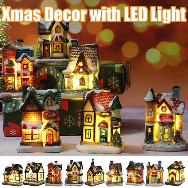 Casas de pueblo navideñas Cheer.US, casa de resina navideña con luces LED, casa de pueblo navideña luminosa, casa de nieve en miniatura, adornos navideños de resina iluminados, casas de pueblo con