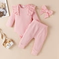 thumbnail image 3 of URMAGIC Newborn Baby Girl Clothes Infant Girls Outfits Ribbed Ruffled Long Sleeve Romper Bodysuit Pants Headband Set 0-18 Months, 3 of 10