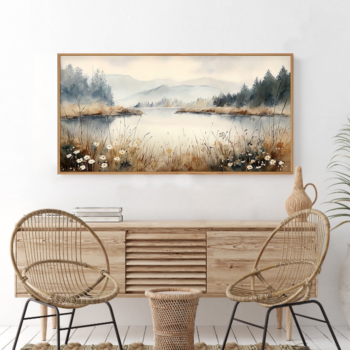 Nature Landscape Wall Art Wilderness Wall Decor Framed Forest Canvas Artwork Misty Mountain Lake Scenery Wall Painting for Living Room Farmhouse Bedroom 20X40 In
