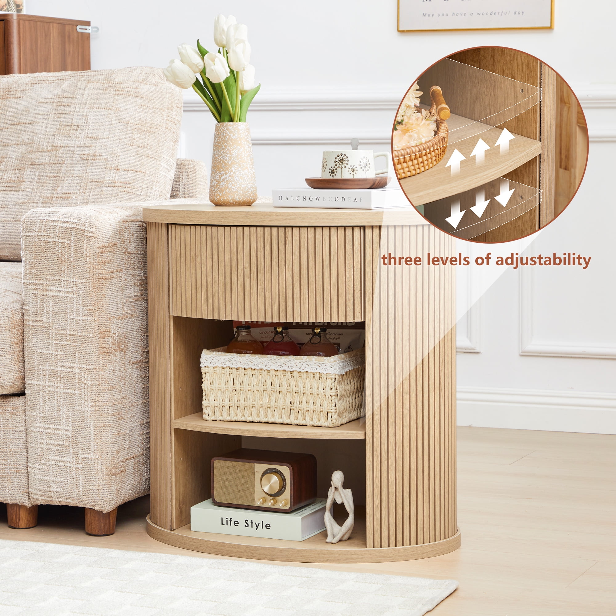 YOCWO Oval Nightstand with 1 Drawer and Adjustable Shelf for Bedroom with Carved Line Design, Round End tables for Living Room, Natural