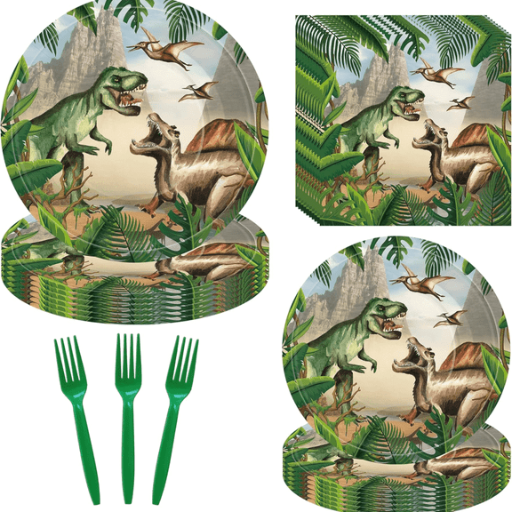 100 Pcs Dinosaur Birthday Party Supplies, 20 Pcs 9 Inch Plates, 20 Pcs 7 Inch Dessert Plates, 40 Pcs Napkins, Serve 20, Green Dino Themed Birthday Party Decorations