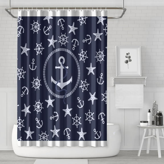 Marine Nautical Shower Curtain with Anchor, Boat, and Seashells Print, Coastal Ocean Waves, Tide, and Horizon Map Pattern, Lighthouse and Sailor Travel Design Waterproof Fabric