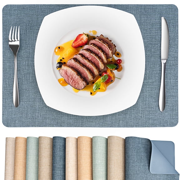 PROMATTOO Faux Leather Vinyl Placemats Set of 6, Reversible Waterproof Wipeable Dining Table Mats,17”x12”,Charcoal Blue