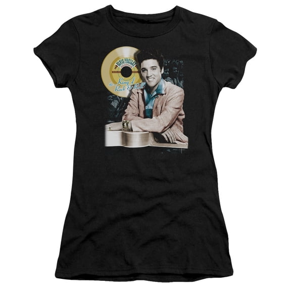 Trevco ELV152-JS-2 Elvis Presley & Gold Record Juniors Sheer Cap Short Sleeve T-Shirt, Black - Medium