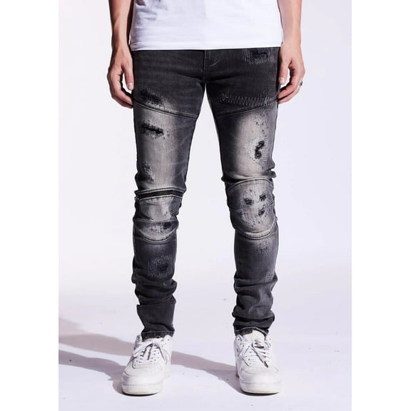 Crysp Denim Men's Bart Moto Distressed Rips Skinny Fit Stretch Denim Jeans (30, Black Wash)