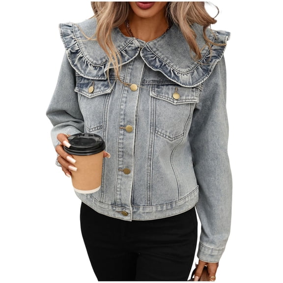 Jerdar Womens Peter Pan Collar Cropped Jean Jacket Embroidered Jacquard Long Sleeve Casual Floral Denim Jackets Coat L