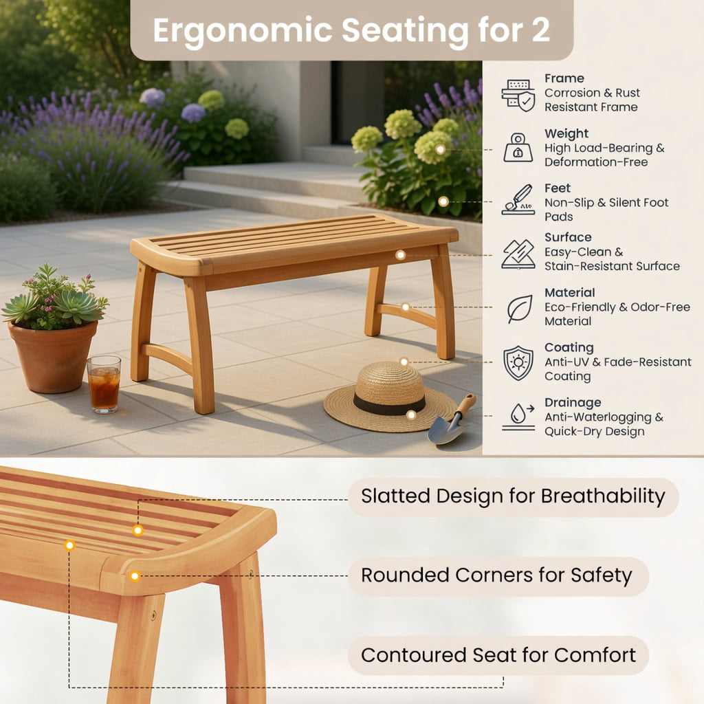 Hommoo Teak Wood Outdoor Backless Garden Bench, Contoured Slatted Seat, Easy 3-Step Assembly for Patio, Porch & Backyard, Natural