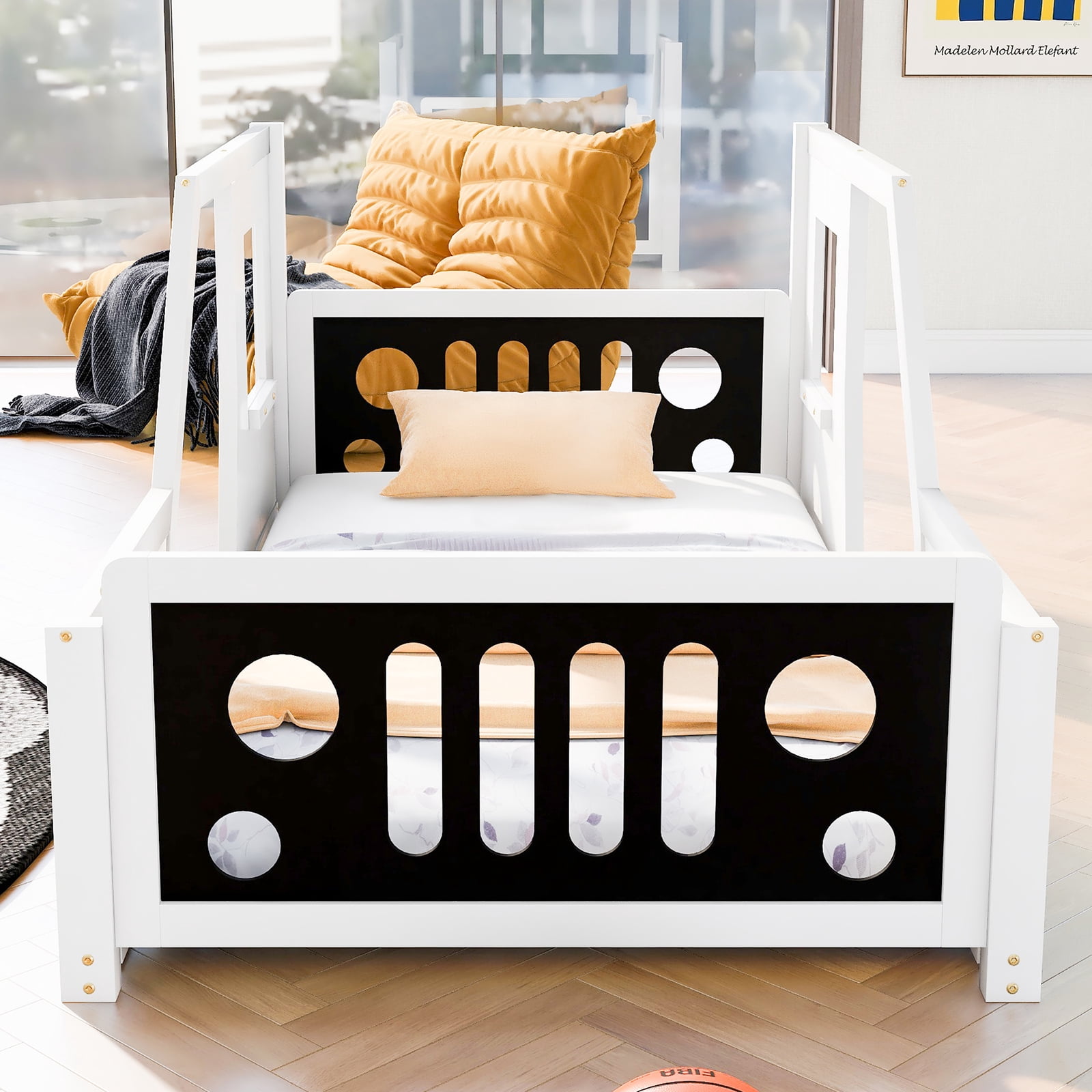 YANSHE Twin Size Bed Frame Car-Shaped, Floor Bed Frame With Wheels And Doors, Wooden Construction, Car Bed Frame, Slats Supports, No Box Spring Needed
