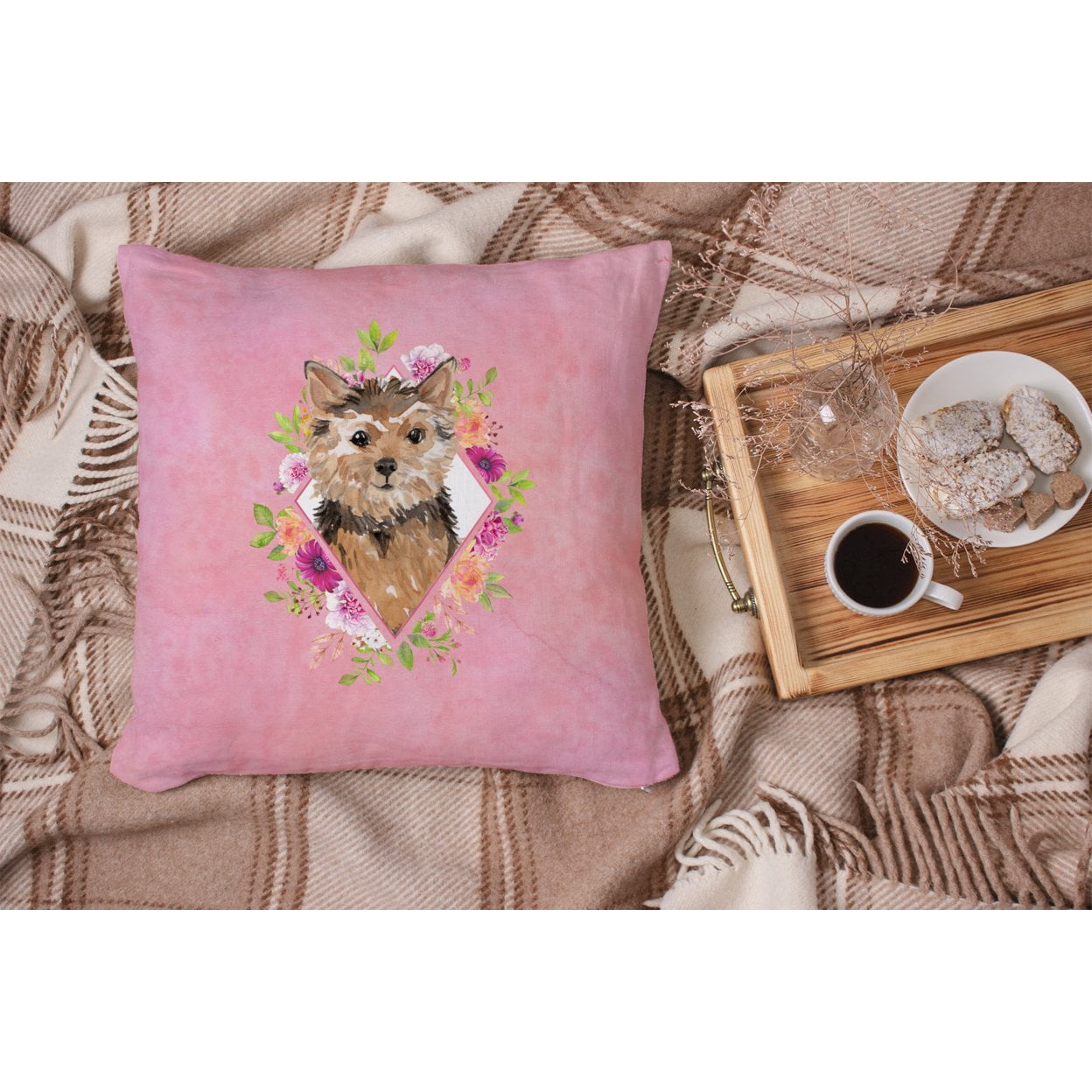 Norwich Terrier Pink Flowers Fabric Decorative Pillow