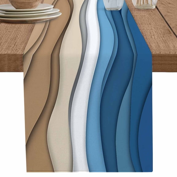 nqOlkjepod Blue Brown Striped Table Runner 72 Inches Long Farmhouse Dress Scarves, Modern Gradient Abstract Waves Dining Tablerunner for Coffee Table/Kitchen Island/Party Décor, 13" x 72"