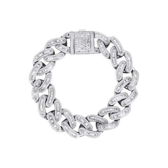 Silver White Iced Out Baguette Miami Cuban Bracelet