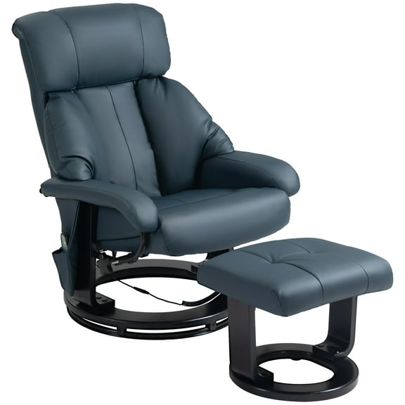 Homiyad Swivel Recliner with Ottoman, Faux Leather Reclining Chair with Massage, Footstool Remote and Side Pocket, Blue