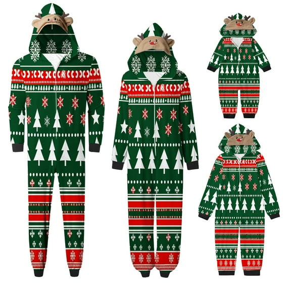 Uaswgudfs Family Matching Christmas Pajamas Set Xmas Pjs Set Soft Long Sleeve Sleepwear Elk Antler Hooded Jumpsuit Loungewear