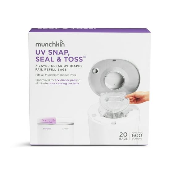 Munchkin® UV Snap, Seal & Toss™ Diaper Pail Refill Bags, Holds Up To 600 Newborn Diapers, 20 Pack