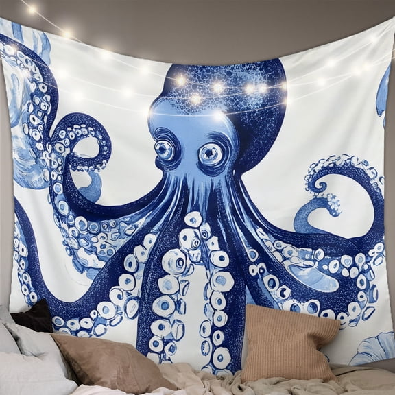Navy Blue Octopus Coastal Small Tapestry for Bedroom Wall Hanging Tapestry, Nautical Summer Beach Ocean Ceiling Backdrop Tapestries Poster Blanket Wall Decor for Teens Room Living Room Dorm 23" x 28"