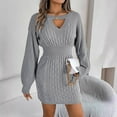 thumbnail image 2 of DHFJKG Womens Sweaters Dress Knit Jacquard Solid Color Notch V Neck Long Sleeve Bodycon Slim Fit Mini Sweater Dress Classic Dresses, 2 of 3