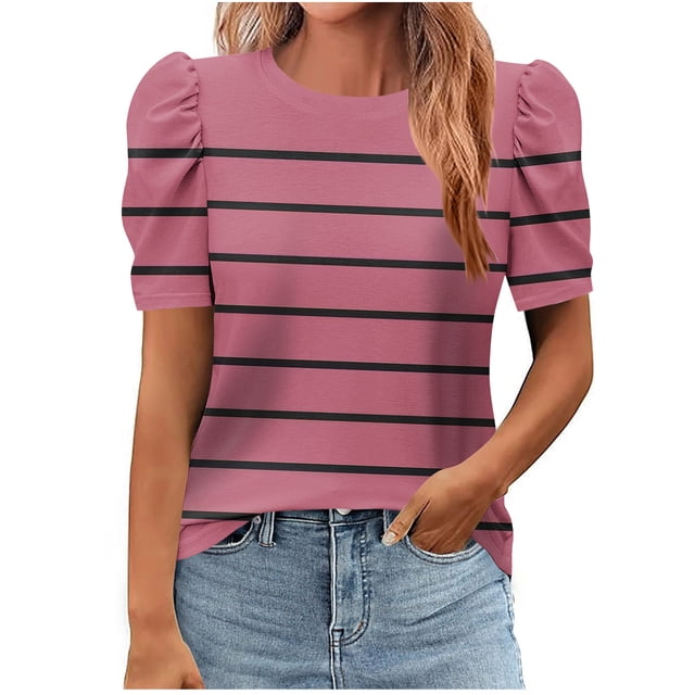 Pisexur Hauts pour Femmes, Hauts de Sortie pour Femmes & T-Shirt à Manches Courtes Col Rond Imprimé, Haut Ample, Hauts de Printemps pour Femmes Rose, 2TG